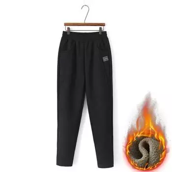Спортивные брюки для женщин среднего возраста, осень-зима, флис, утепленные, тренировочные брюки, эластичный пояс, шаровары, женские, удобные, повседневные брюки L чёрный