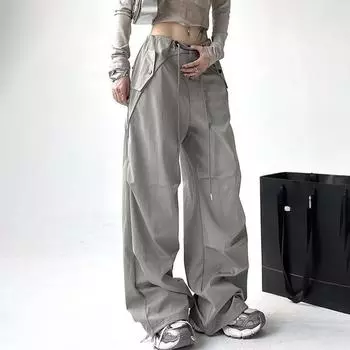 Спортивные брюки с парашютом, карманные американские женские уличные комбинезоны, повседневные прямые женские брюки Y2k, тонкие свободные брюки-карго для мытья полов M чёрный
