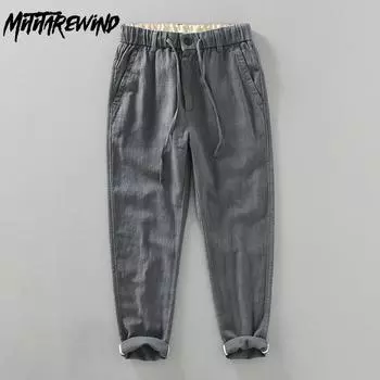 Брюки для бега в стиле Харадзюку, мужские повседневные, дышащие, из хлопка и льна, мужские брюки, эластичный пояс, прямые, со шнурком, летние мужские брюки M белый