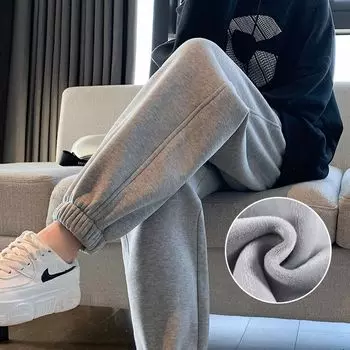 Спортивные брюки женские осенне-зимние бархатные брюки 2024 новые весенне-осенние свободные леггинсы повседневные спортивные брюки M светло-серый