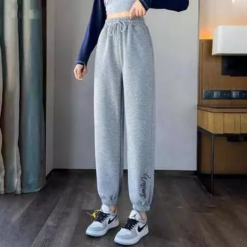 Спортивные брюки женские весна и осень новые хлопковые не скатывающиеся с высокой талией свободные повседневные завязанные ноги универсальные и тонкие спортивные брюки женские M