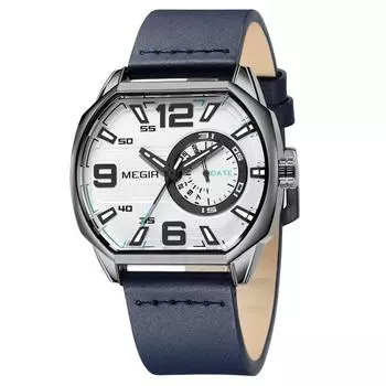 Спортивные часы для мужчин, модные кварцевые часы с восьмиугольным циферблатом и автоматической датой, кожаный ремешок, светящиеся наручные часы, серебристо-черные синий