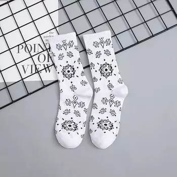 Спортивные Харадзюку Уличные Мужские Носки Корейского Стиля Женские Чулки Пейсли Цветочные Носки Средние Носки white-B