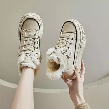 Спортивные хлопковые туфли на толстой подошве 2024 года, новые повседневные высокие кроссовки с плюшевой изоляцией, универсальные вулканизированные туфли 35 бежевый