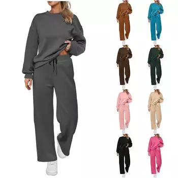 Спортивные комплекты для женщин, 2 предмета, однотонный пуловер, топы, завязывающиеся на шнурок, прямые спортивные штаны, женский комплект из двух предметов, осень XXL чёрный