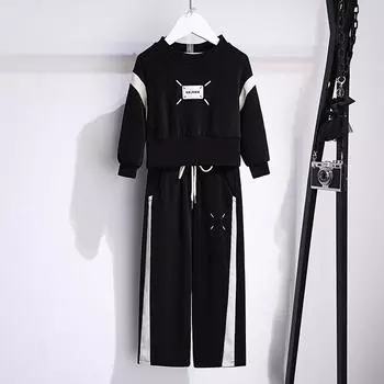 Спортивные костюмы для девочек на весну и осень: Свободные толстовки с длинными рукавами и повседневные брюки, комплект из двух предметов для детей 170 cm кремовый/белый