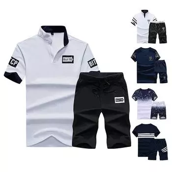 Спортивные костюмы Летние мужские комплекты футболок с V-образным вырезом Спортивная одежда Повседневные комплекты из 2 предметов Костюм с принтом и коротким рукавом XXL