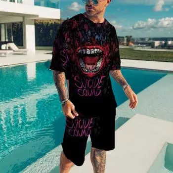 Спортивные костюмы мужские футболки + шорты костюм уличная одежда тренд 3D узор повседневный наряд с круглым вырезом комплект из 2 предметов мужская футболка комплект летней одежды 5XL