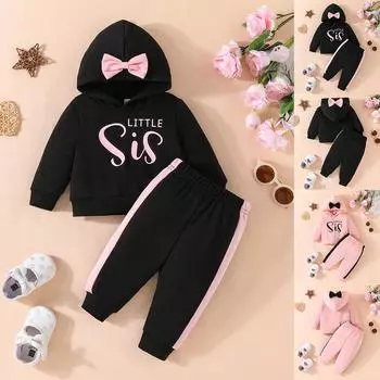 Спортивные костюмы с капюшоном для новорожденных девочек, толстовка, топы, брюки, комплект одежды, комплект одежды