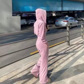 Спортивные костюмы с капюшоном на молнии, комплект с капюшоном для женщин, осень-зима, новая коллекция, корейский свободный повседневный модный женский комплект из двух предметов S baby голубой