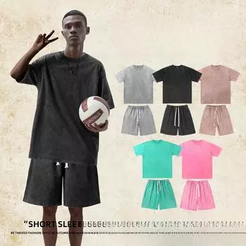 Спортивные костюмы унисекс винтажной кислотной стирки с коротким рукавом, футболка и шорты, повседневные свободные летние костюмы S чёрный