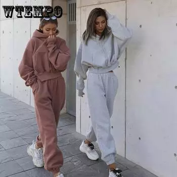 Спортивные костюмы, женские теплые толстовки и брюки, комплект однотонной свободной спортивной одежды, осенне-зимние костюмы, повседневный комплект из двух предметов XL розовый
