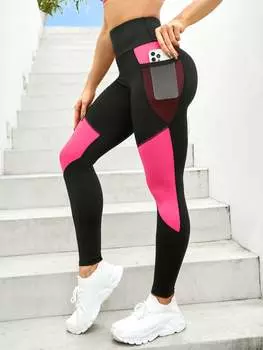 Спортивные леггинсы с подъемом бедер, женские брюки для бега для фитнеса с карманами, узкие брюки для йоги с высокой талией S чёрный