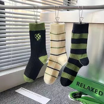 Спортивные носки средней длины с вышивкой в полоску Green Love в японском лесном стиле - двойная игла, хлопок One Size 35-40