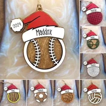 Спортивные рождественские украшения деревянные бейсбольные/волейбольные/баскетбольные мячи с шапкой Санты подвесное украшение на рождественскую елку