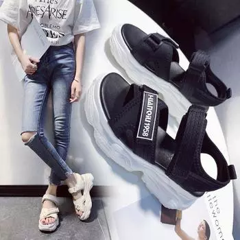 Спортивные сандалии для папы женские летние 2024 года новые модные туфли на липучках с увеличенной толстой подошвой 35 чёрный