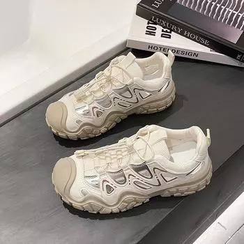 Спортивные сандалии на толстой подошве, уродливо-милые, лето 2025, новые, дышащие, полые, универсальные, на мягкой подошве, сетчатые, повседневные, кроссовки-папа 35 бежевый