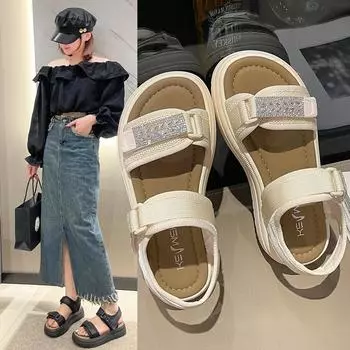 Спортивные сандалии со стразами, женские летние туфли на толстой подошве, пляжная повседневная женская обувь, модная женская летняя дышащая обувь 35