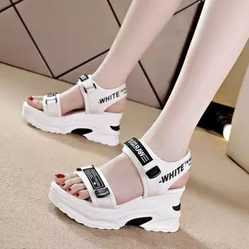 Спортивные сандалии женские 2025 новые летние универсальные туфли на танкетке с закругленным носком и толстой подошвой на высоком каблуке для папы 35 чёрный