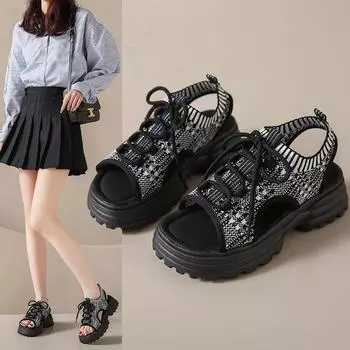 Спортивные сандалии женские летние новые повседневные туфли на платформе маффин летающие тканые дышащие студенческие туфли женские 35 чёрный