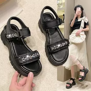 Спортивные сандалии женские новые летние модные универсальные сандалии-бублики на толстой подошве с липучками оптом 35 чёрный