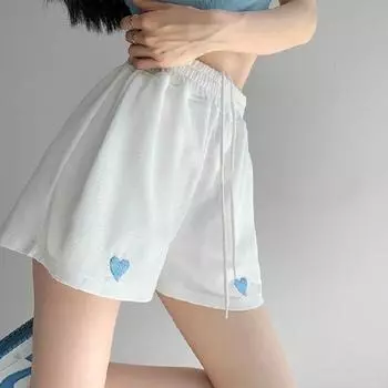 Спортивные шорты с вышивкой Love, женские летние свободные повседневные тонкие студенческие брюки три четверти с широкими штанинами и высокой талией XS фиолетовый