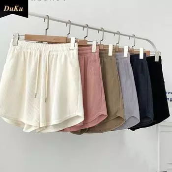 Спортивные шорты женские вафельные повседневные универсальные домашние брюки трапециевидной формы с завязками на талии новые шорты для похудения с высокой талией S