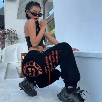 Спортивные штаны для бега, женские корейские модные спортивные штаны большого размера, хиппи, широкие брюки, женская зимняя уличная одежда Kpop S чёрный