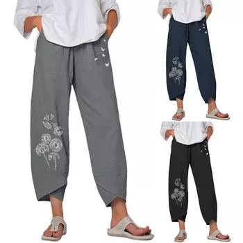 Спортивные штаны для женщин, хлопковые льняные брюки в стиле бохо, мешковатые повседневные брюки с карманами M чёрный