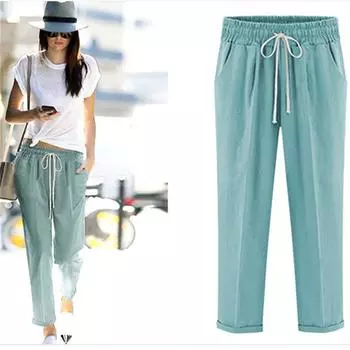 Спортивные штаны из хлопка и льна, женские повседневные шаровары, свободные эластичные брюки с высокой талией, женские черные спортивные штаны, женские M озеро зеленый