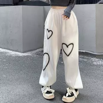 Спортивные штаны с принтом в виде сердца, женские свободные прямые брюки для бега, широкие брюки с высокой талией, уличная одежда больших размеров, корейские брюки в стиле хип-хоп Y2k