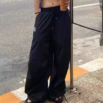 Спортивные штаны унисекс На шнурке Эластичная талия Широкие штанины Большой размер Высокая талия Сплошной цвет Свободные винтажные карманы Гладкая Быстросохнущая Мягкая Дышащая 2XL чёрный