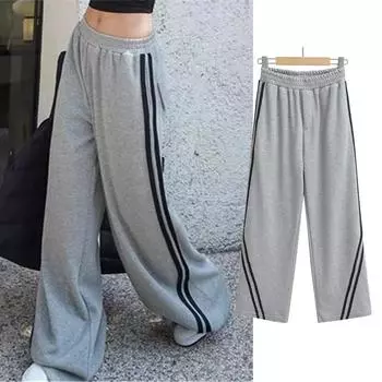 Спортивные штаны в полоску по бокам, спортивные штаны Kpop, женские серые брюки, женские свободные повседневные корейские уличные брюки в стиле хип-хоп L серый
