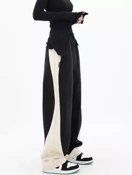 Спортивные штаны, женские брюки в стиле пэчворк, свободные широкие брюки с эластичной резинкой на талии, повседневная весенняя уличная одежда, модные черные брюки Y2k S бежевый/чёрный
