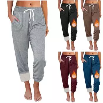 Спортивные штаны женские мешковатые джоггеры с флисовой подкладкой и карманами эластичные штаны для йоги со шнурком тренировочные брюки L чёрный