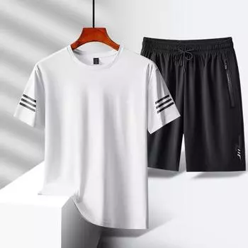 Спортивный комплект для отдыха, мужской бег, большие размеры, футболка из ледяного шелка с короткими рукавами, короткие шорты 8XL