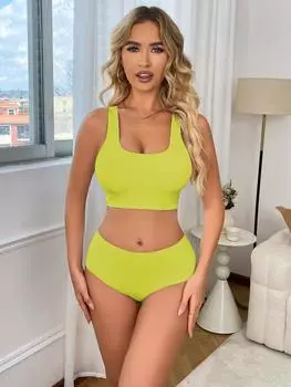 Спортивный комплект нижнего белья, цельный бесшовный бюстгальтер без косточек и трусики, женское нижнее белье S зелёный