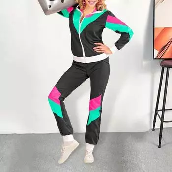 Спортивный костюм 80-х 90-х годов для мужчин и женщин, ветровка в стиле ретро в стиле хип-хоп, куртка, цветной комплект из 2 предметов в стиле хип-хоп для тематических вечеринок, карнавалов S чёрный