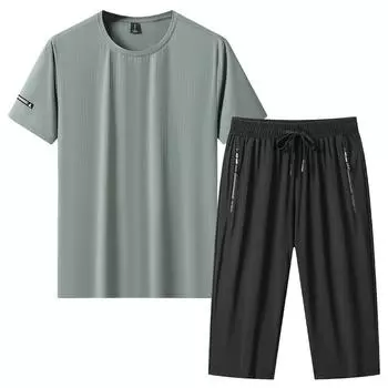 Спортивный костюм большого размера, мужской комплект из двух предметов с короткими рукавами, мужская одежда для бега и фитнеса, летняя свободная спортивная одежда из тонкого ледяного шелка 8XL