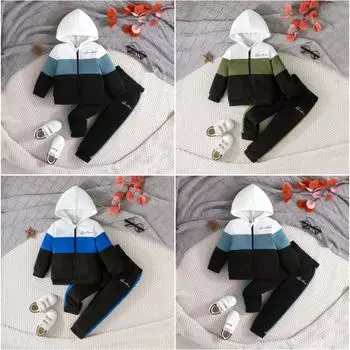 Спортивный костюм для мальчиков, топ с капюшоном на молнии + штаны с принтом, повседневный комплект из 2 предметов, детская одежда, толстовка для детей 5-6Y озеро синий