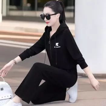 Спортивный костюм для весны и осени, женская тонкая повседневная куртка с капюшоном + брюки, костюм из двух частей XXXXL чёрный