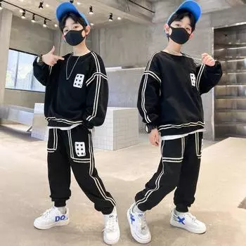 Спортивный костюм из двух предметов для мальчиков, пуловер, свитер, спортивные штаны, удобный свободный детский костюм для отдыха 140 чёрный