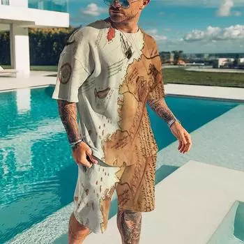 Спортивный костюм, комплект мужской одежды, комплект из 2 предметов, красочные классические ретро3D принты, повседневные мужские комплекты, короткие наряды, футболка + шорты, мужские S