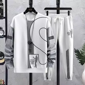 Спортивный костюм, комплект, пуловеры, мужские новые комплекты, молодежные повседневные беговые популярные спортивные костюмы с длинным рукавом для пар, спортивные костюмы в стиле пэчворк M белый