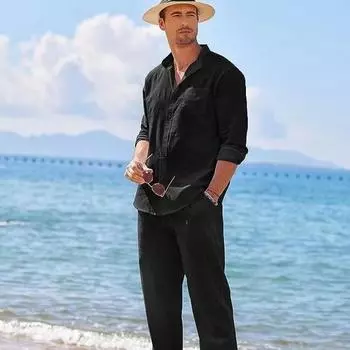 Спортивный костюм мужской пляжный повседневный свободный костюм рубашка с длинными рукавами длинные брюки рабочая одежда комплект из двух предметов спортивная одежда мужская S белый