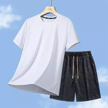 Спортивный костюм, Повседневный мужской свободный костюм с коротким рукавом из ледяного шелка, Мужской комплект из двух предметов XXXXXL белый