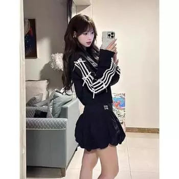 Спортивный костюм в стиле преппи, кружевная куртка из двух частей, короткая осенняя теннисная куртка, темно-синяя юбка-под с длинными рукавами, которая становится все популярнее, уличная одежда, осенние наряды S чёрный