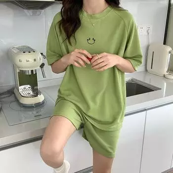 Спортивный костюм, женский спортивный костюм, летняя тонкая футболка с коротким рукавом, свободные шорты, костюм из двух предметов, свободный и тонкий, милый смайлик, домашняя одежда, повседневный удобный комплект S абрикосовый