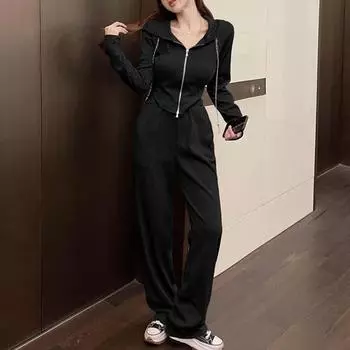 Спортивный костюм, женский весенне-осенний новый кардиган с длинными рукавами, нестандартная толстовка с высокой талией, повседневные широкие брюки, комплект из двух предметов M чёрный