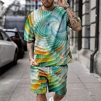 Спортивный мужской комплект рубашек с оптическим графическим принтом, комплект с шортами, футболка, уличная повседневная футболка, рубашка с короткими рукавами и круглым вырезом S